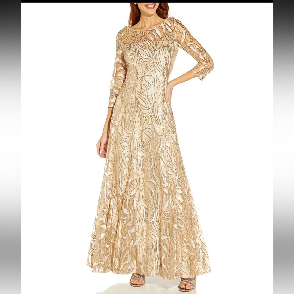 Adrianna Papell Embroidered Illusion Yoke Boat Neck 3/4 Sleeve A-Line Gown